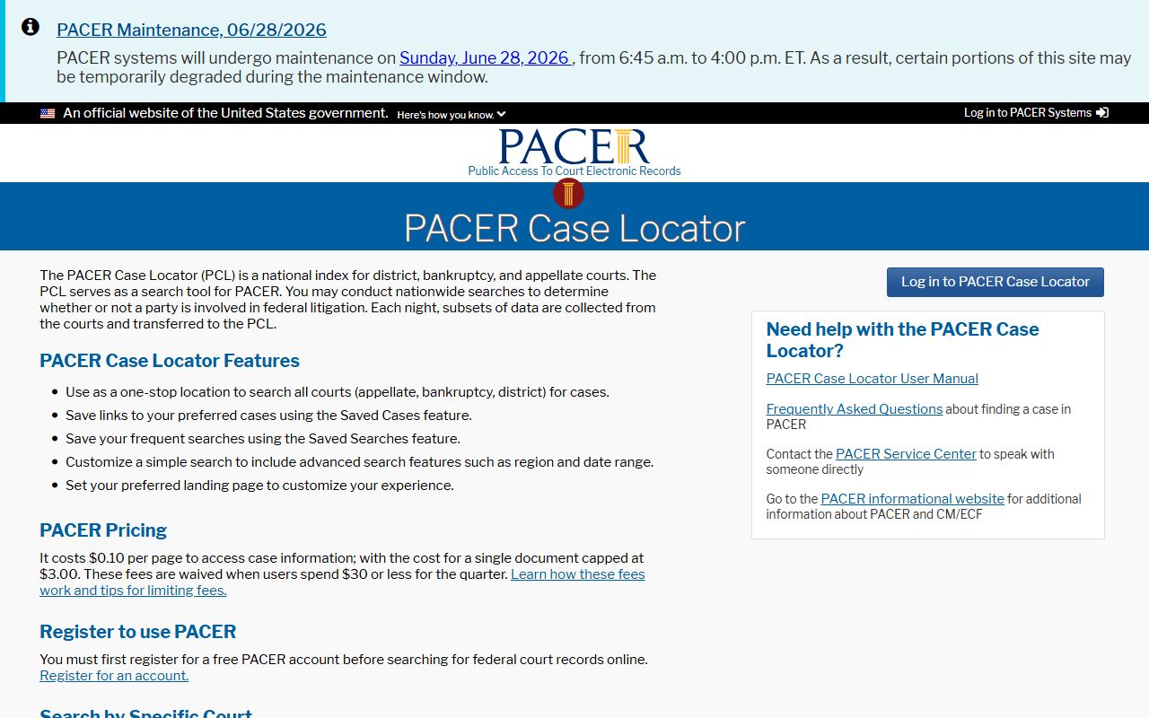Clerk of court PACER case locator