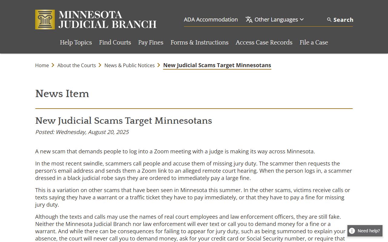 Traverse County criminal court records Minnesota judicial scam warning