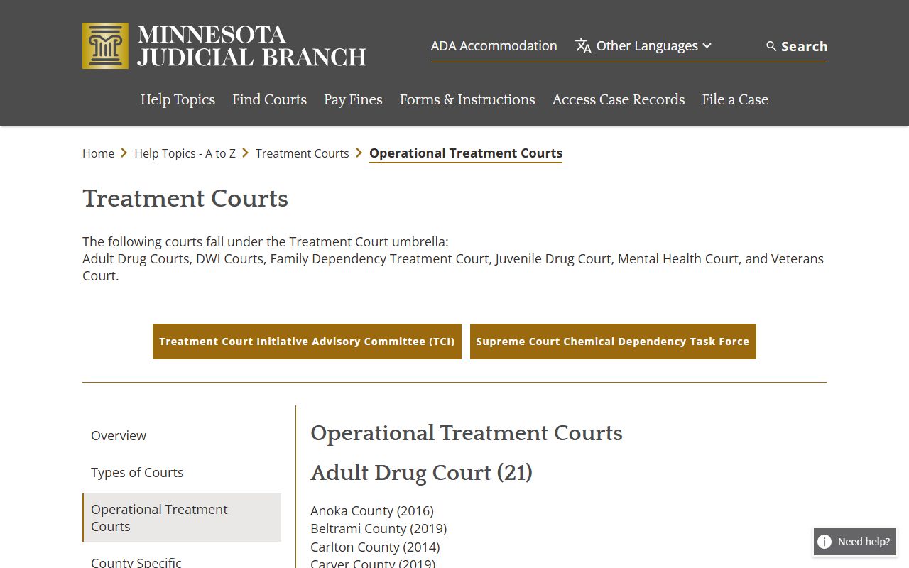 District court operational treatment courts