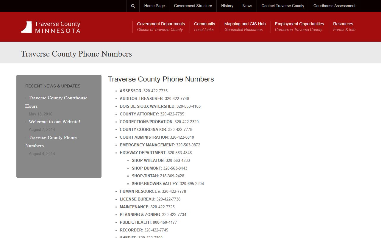 Traverse County phone directory