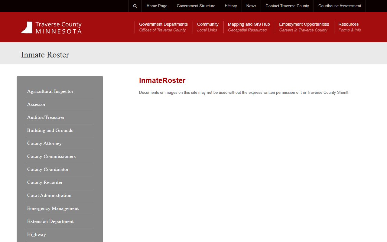 Traverse County inmate records roster landing page
