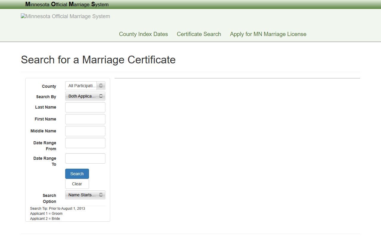 Minnesota Official Marriage System search