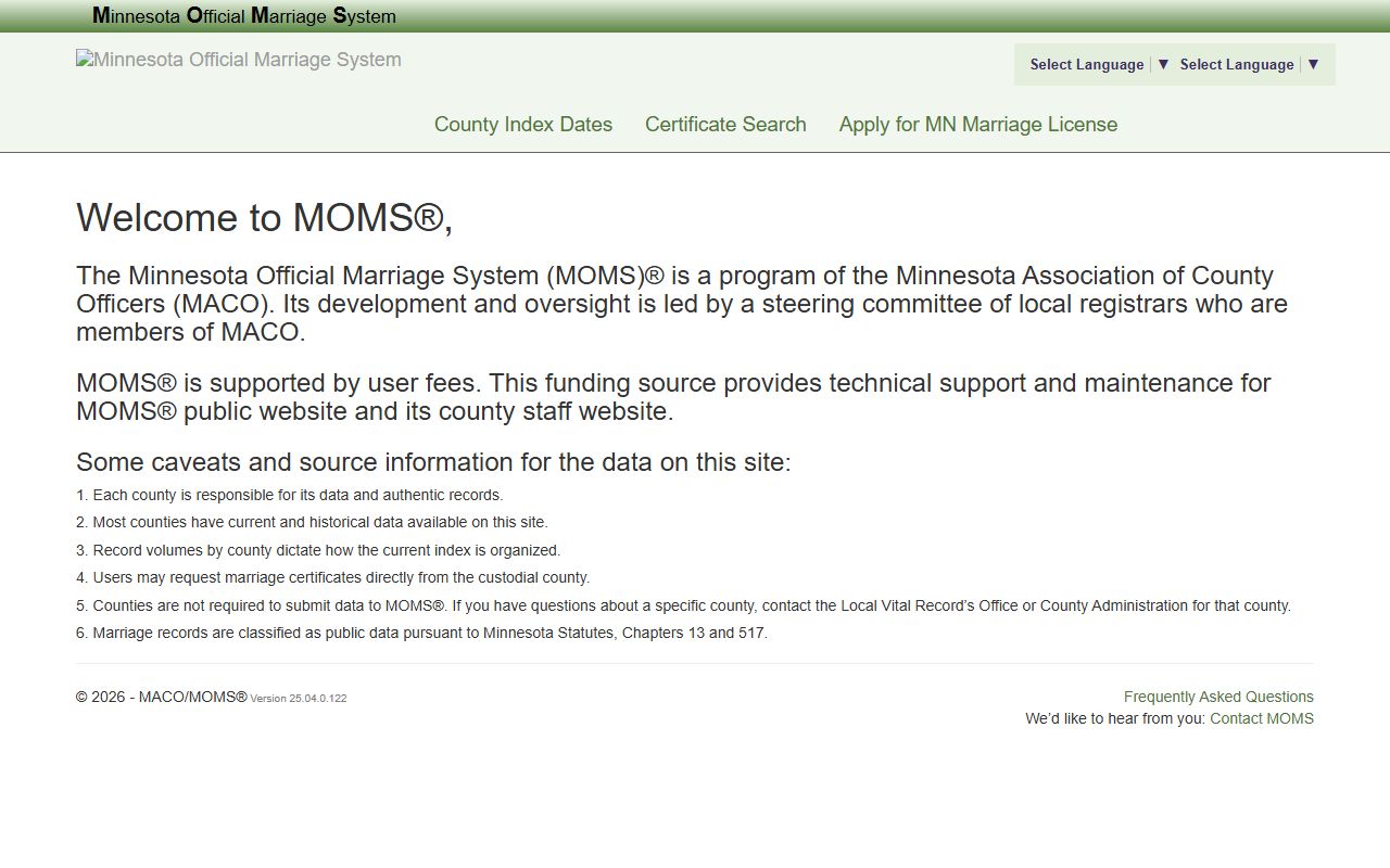 Marriage and divorce records MOMS program overview